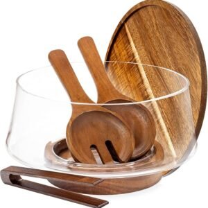 Large Glass Salad Bowl with Lid Set – 5 L, Glass Serving Bowl with Utensils