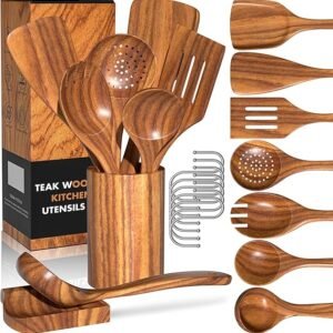 Natural Teak Kitchen Cooking Utensil Set with Holder