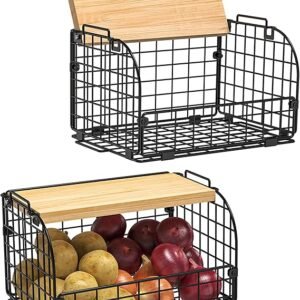 2 Set Stackable Wire Basket with Openable Top, Kitchen Counter, Pantry Organizer and Storage
